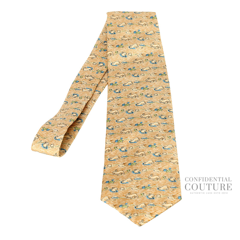Men Hermes Beige/Blue Rabbit Figure Libre 100% Silk Neck Tie