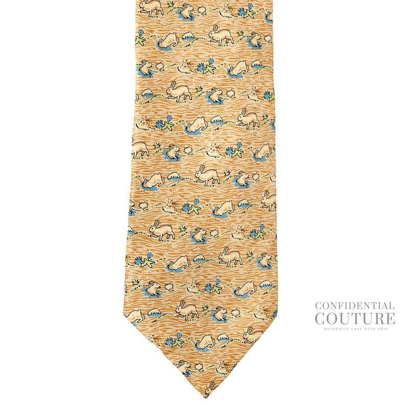 Pre-loved Men Hermes Beige/Blue Rabbit Figure Libre 100% Silk Neck Tie