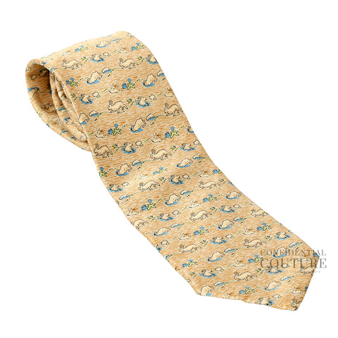 Beige/Blue Rabbit Figure Libre 100% Silk Neck Tie