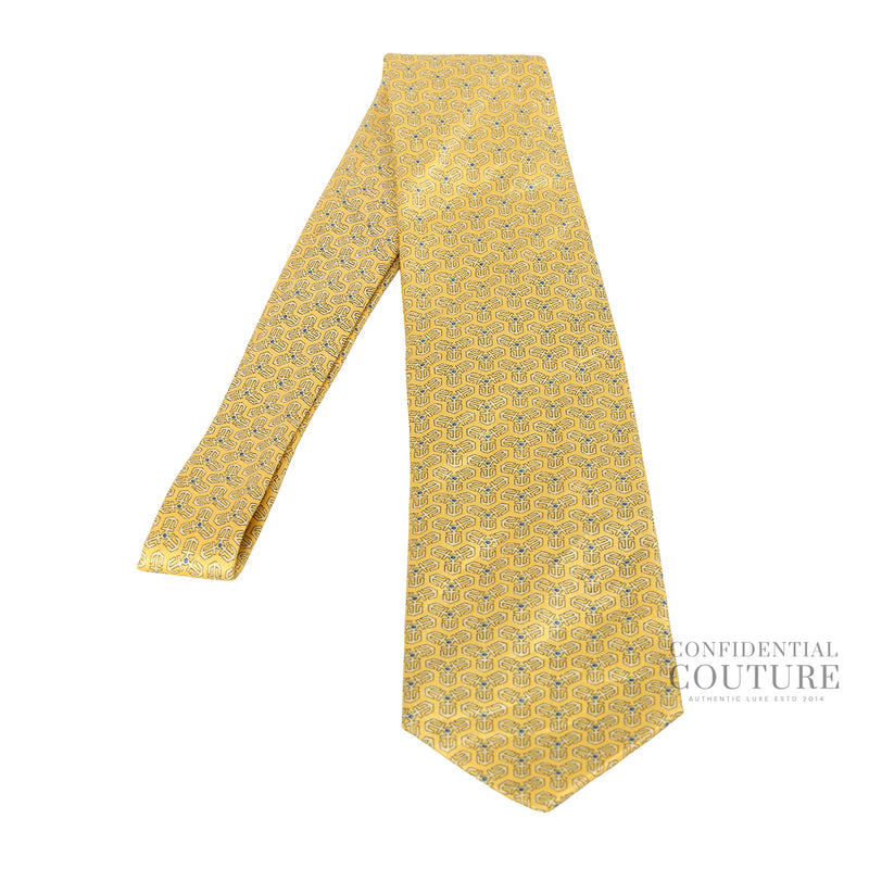 Pre-loved Hermes Anchor Pattern Yellow 100% Silk Neck Tie
