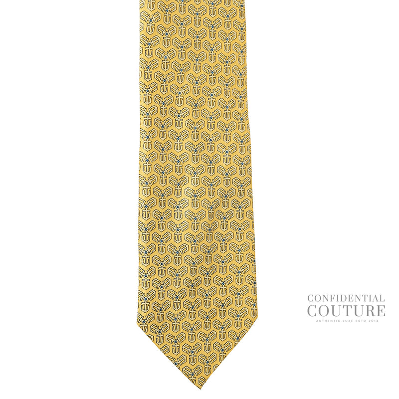 Authentic Hermes Anchor Pattern Yellow 100% Silk Neck Tie