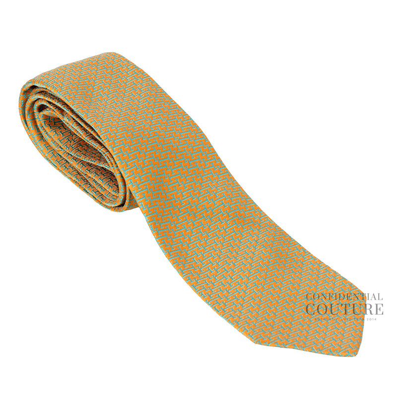 Women Hermes Mustard/Turquoise H Coccinelle 100% Silk Neck Tie