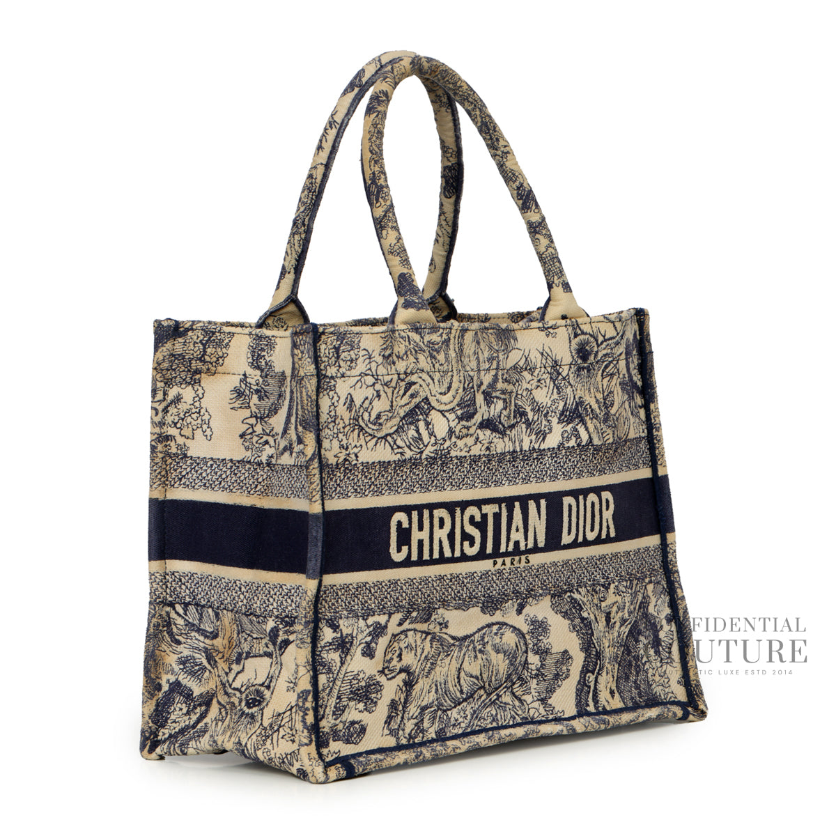 Medium Blue and Ecru Toile de Jouy Reverse Embroidery Book Tote