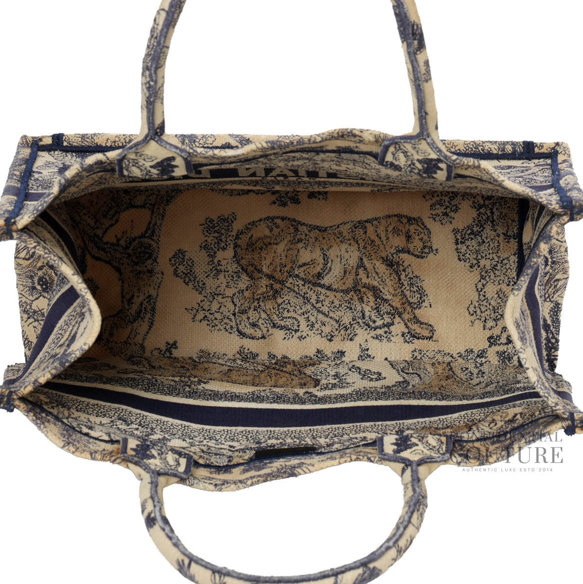 Medium Blue and Ecru Toile de Jouy Reverse Embroidery Book Tote
