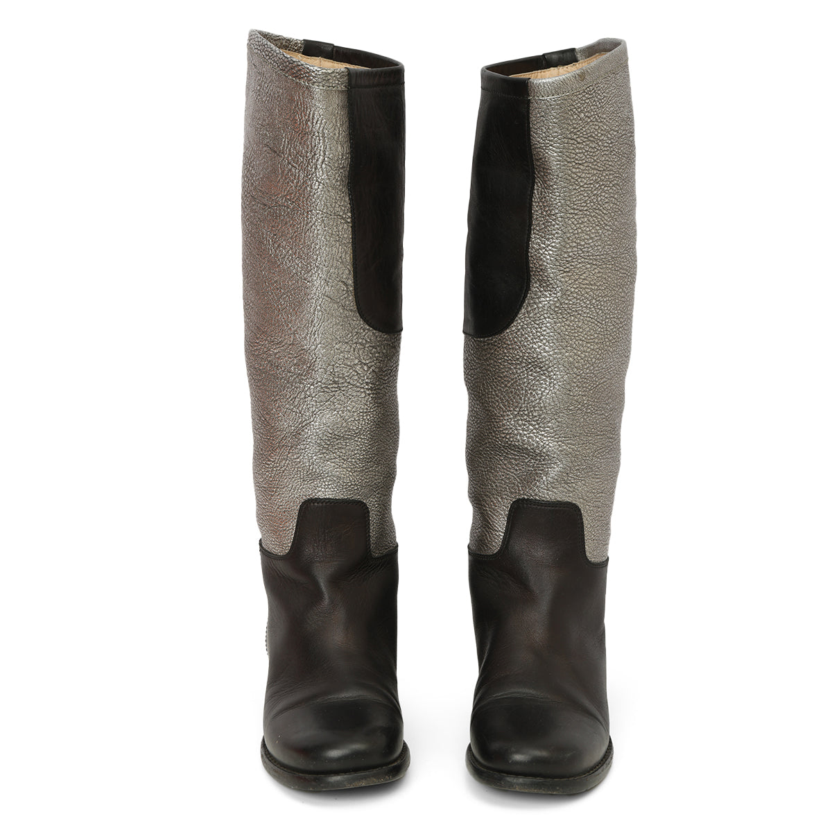 Black / Silver Metallic CC Logo Embossed Flat Tall Leather Riding Boots Size: 36