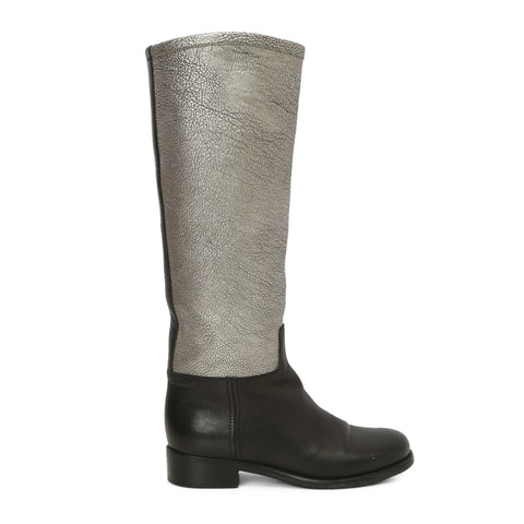 Black / Silver Metallic CC Logo Embossed Flat Tall Leather Riding Boots Size: 36
