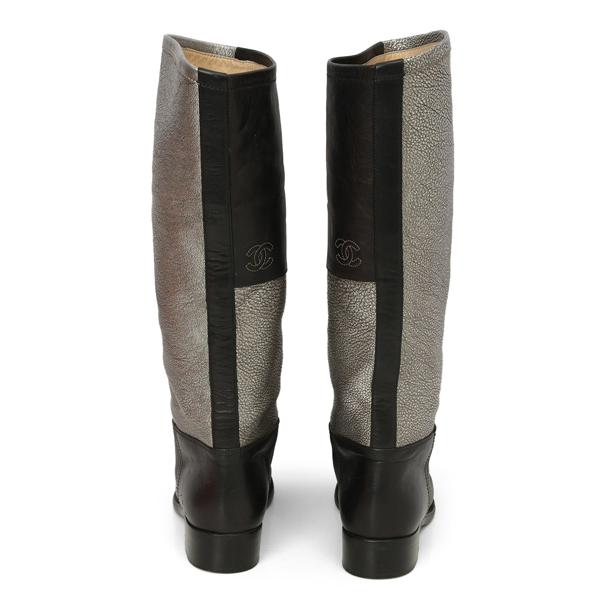 Black / Silver Metallic CC Logo Embossed Flat Tall Leather Riding Boots Size: 36