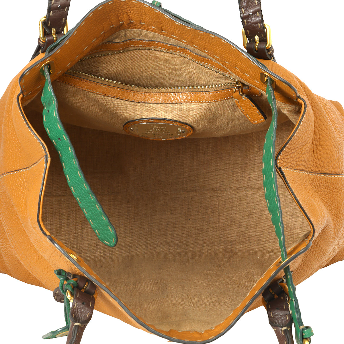 Tan and Green Belted Selleria Grand Borghese Tote Bag