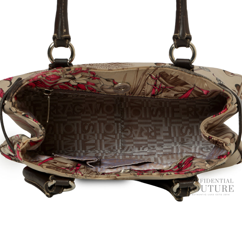 Women pre loved salvatore ferragamo brown grey tiger print nylon small tote bag