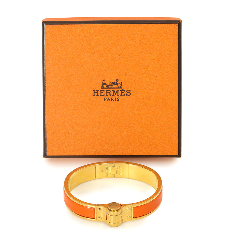 Women pre loved Hermes Narrow Hinged Orange Fruité Enamel Bracelet 15 cms