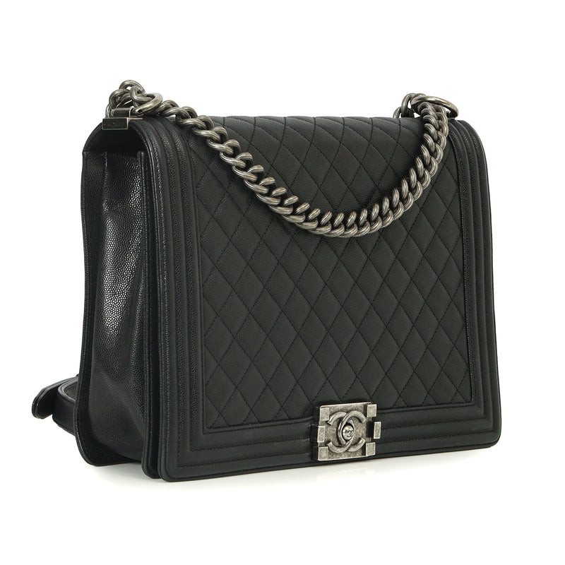 Women pre loved Chanel Boy Large Black Caviar Leather Shoulder Bag