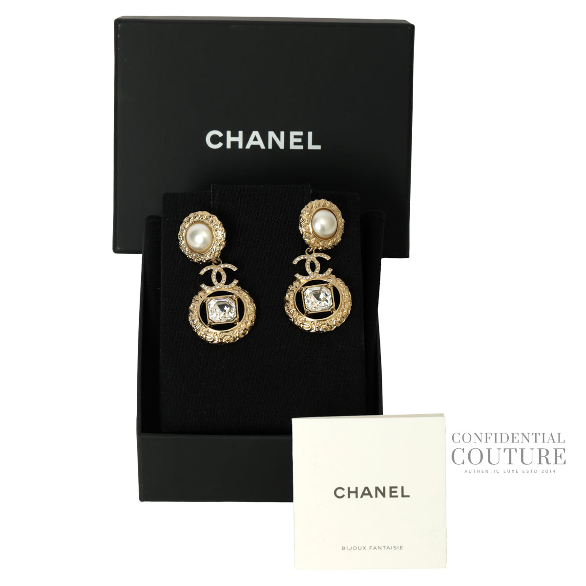 Gold Metal Crystal and Pearl CC Dangle Earrings