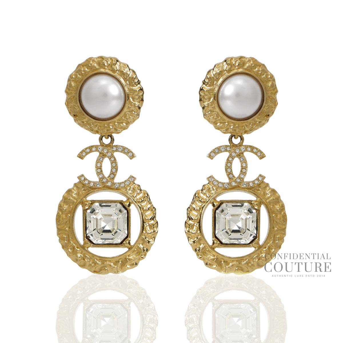 Gold Metal Crystal and Pearl CC Dangle Earrings