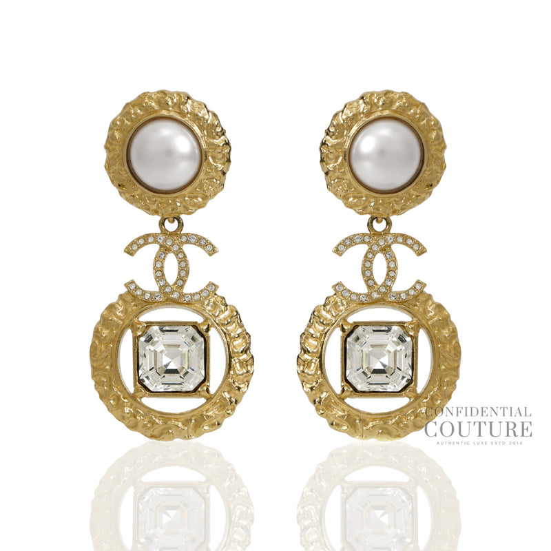 Women Chanel Gold Metal Crystal and Pearl CC Dangle Earrings