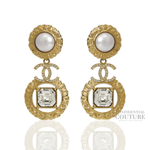 Gold Metal Crystal and Pearl CC Dangle Earrings