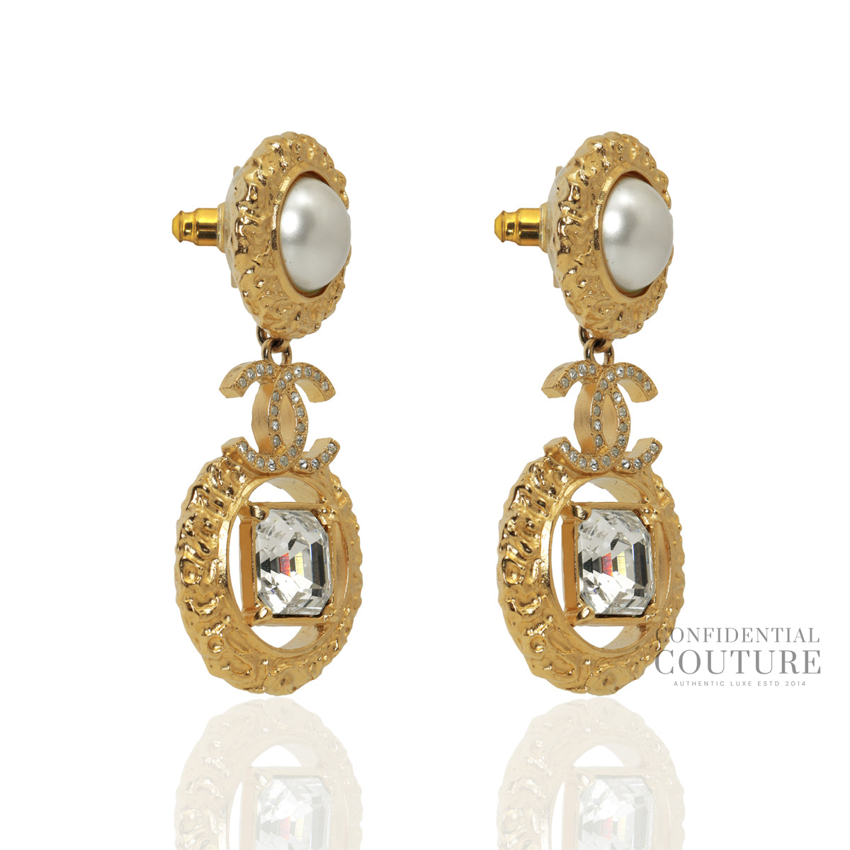 Gold Metal Crystal and Pearl CC Dangle Earrings