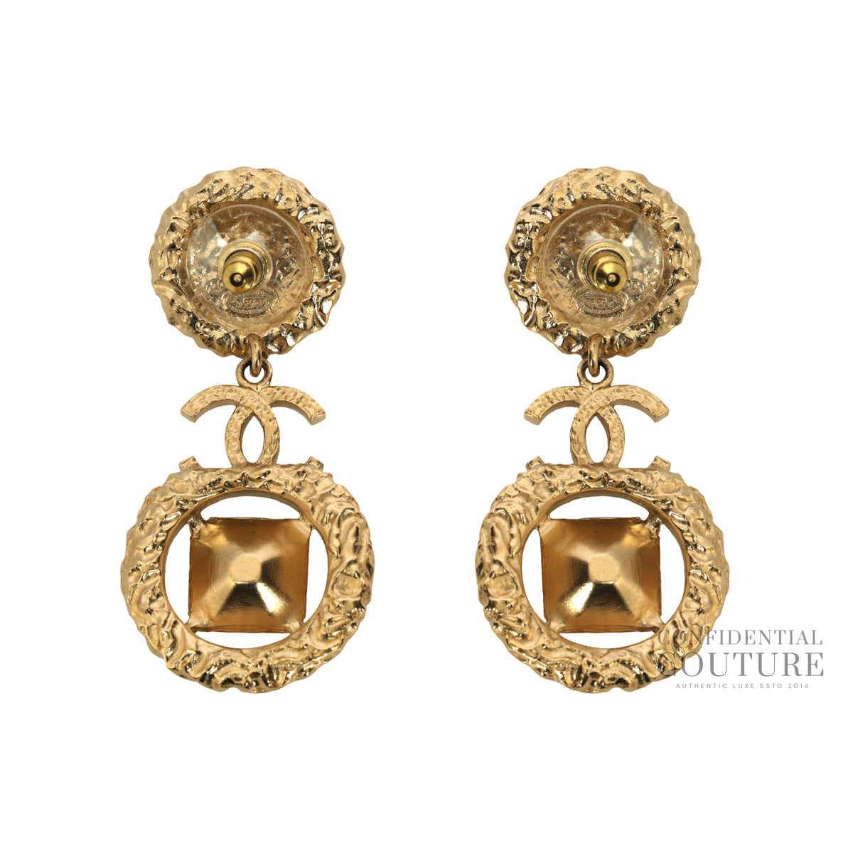 Gold Metal Crystal and Pearl CC Dangle Earrings