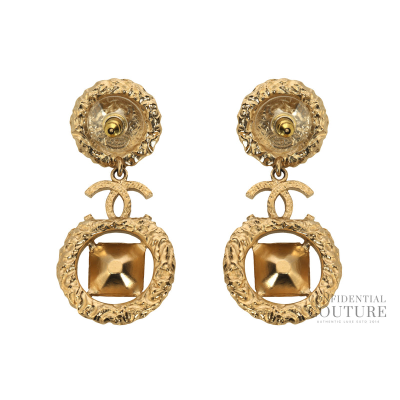 Chanel Gold Metal Crystal and Pearl CC Dangle Earrings
