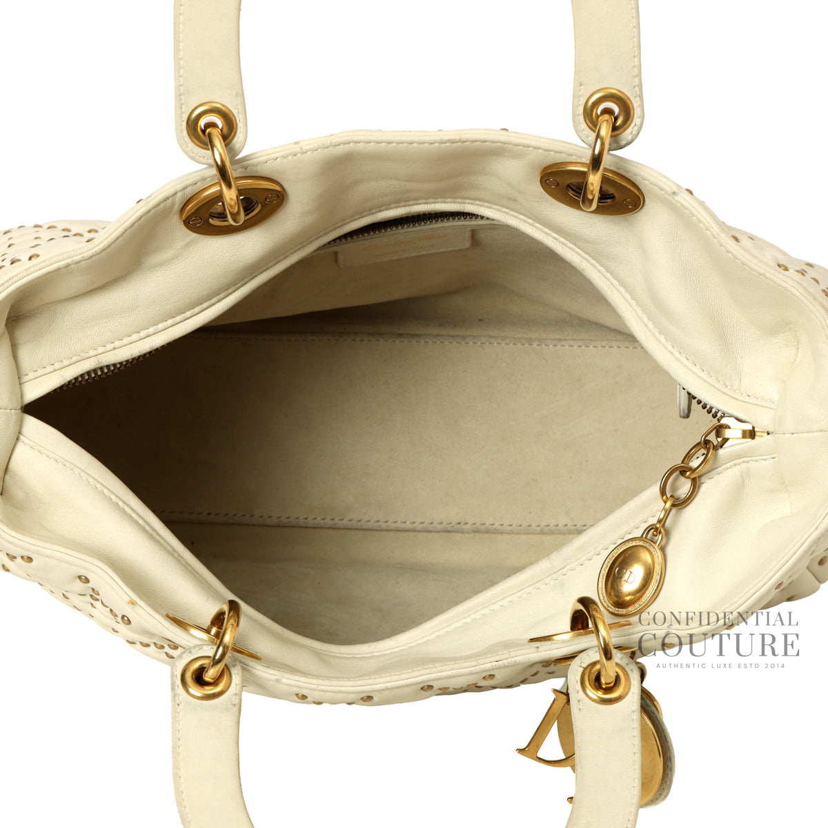White & Gold Medium Lambskin Studded Supple Tote