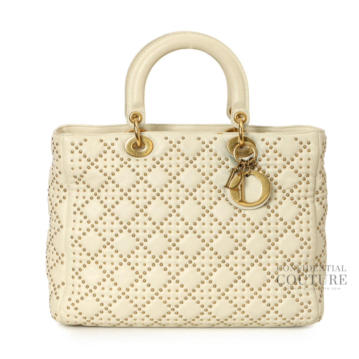 White & Gold Medium Lambskin Studded Supple Tote