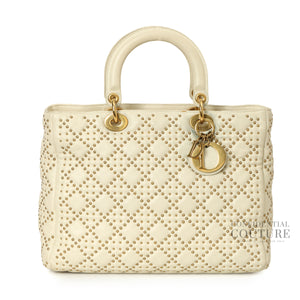 White & Gold Medium Lambskin Studded Supple Tote