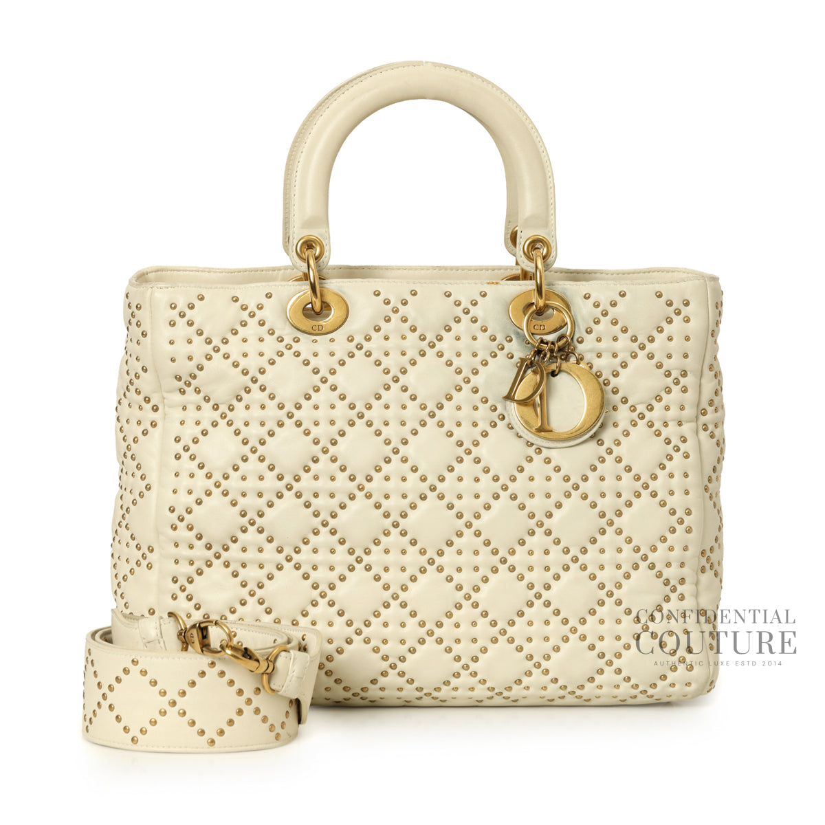 White & Gold Medium Lambskin Studded Supple Tote