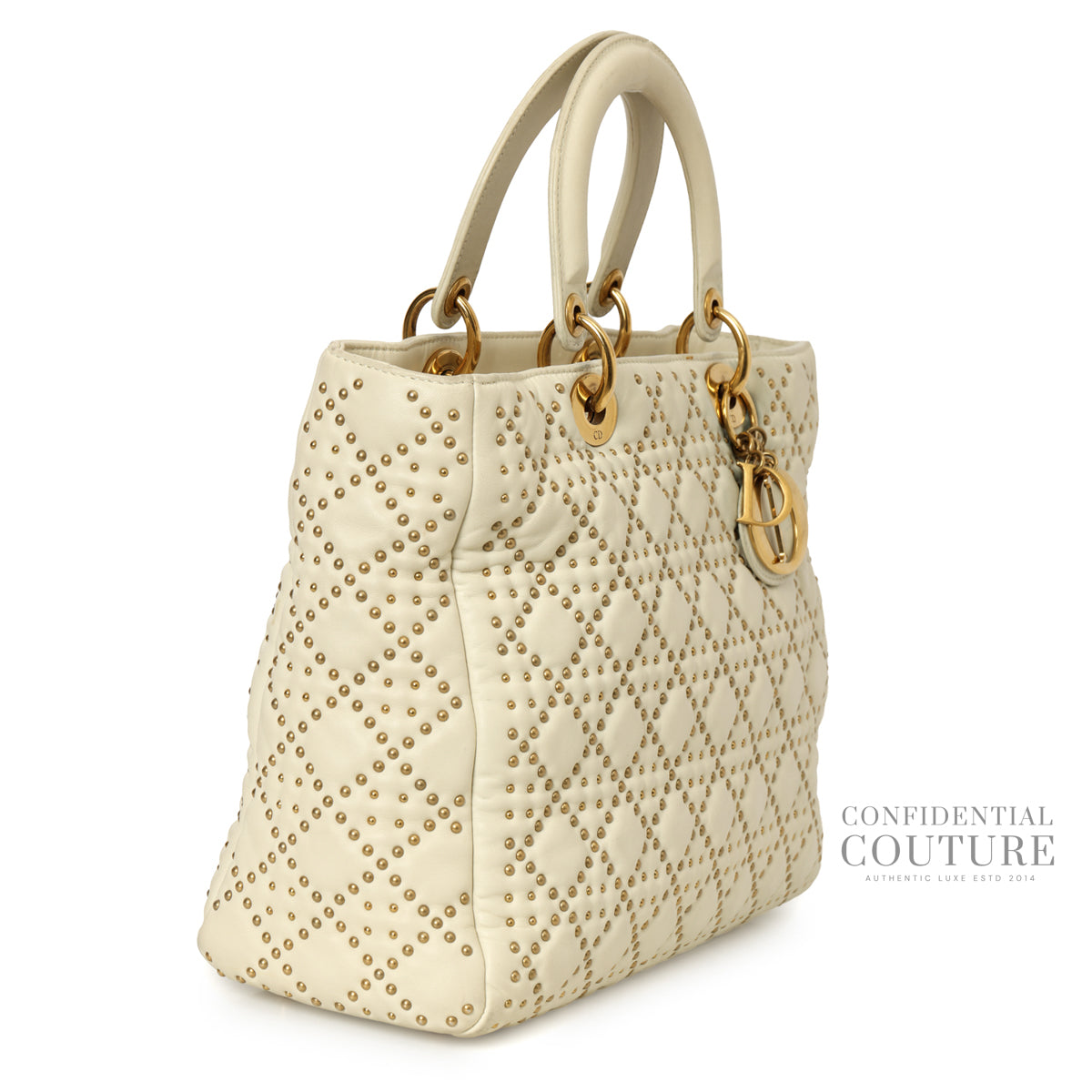 White & Gold Medium Lambskin Studded Supple Tote