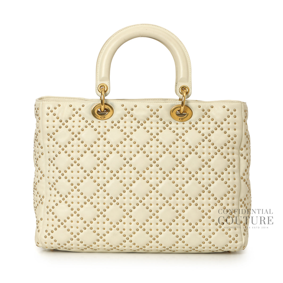 White & Gold Medium Lambskin Studded Supple Tote