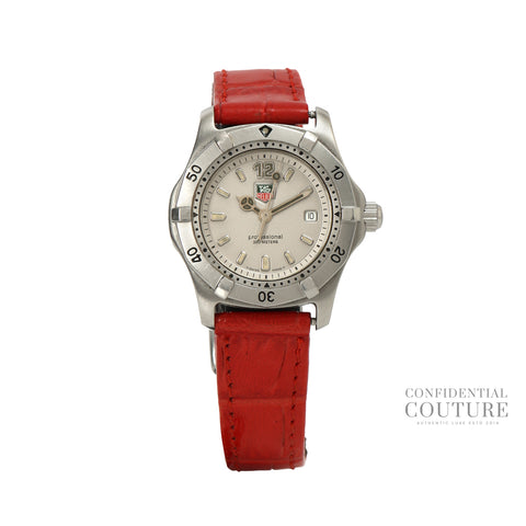 2000 Professional 28mm Stainless Steel Case & Red Leather Strap Watch For Women