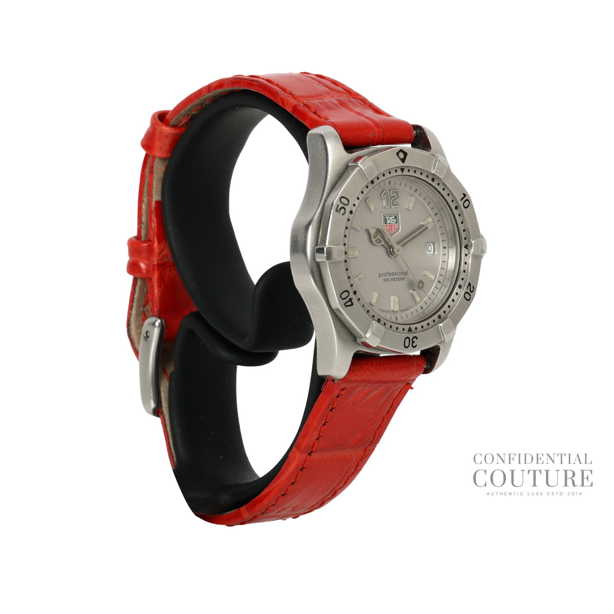 2000 Professional 28mm Stainless Steel Case & Red Leather Strap Watch For Women
