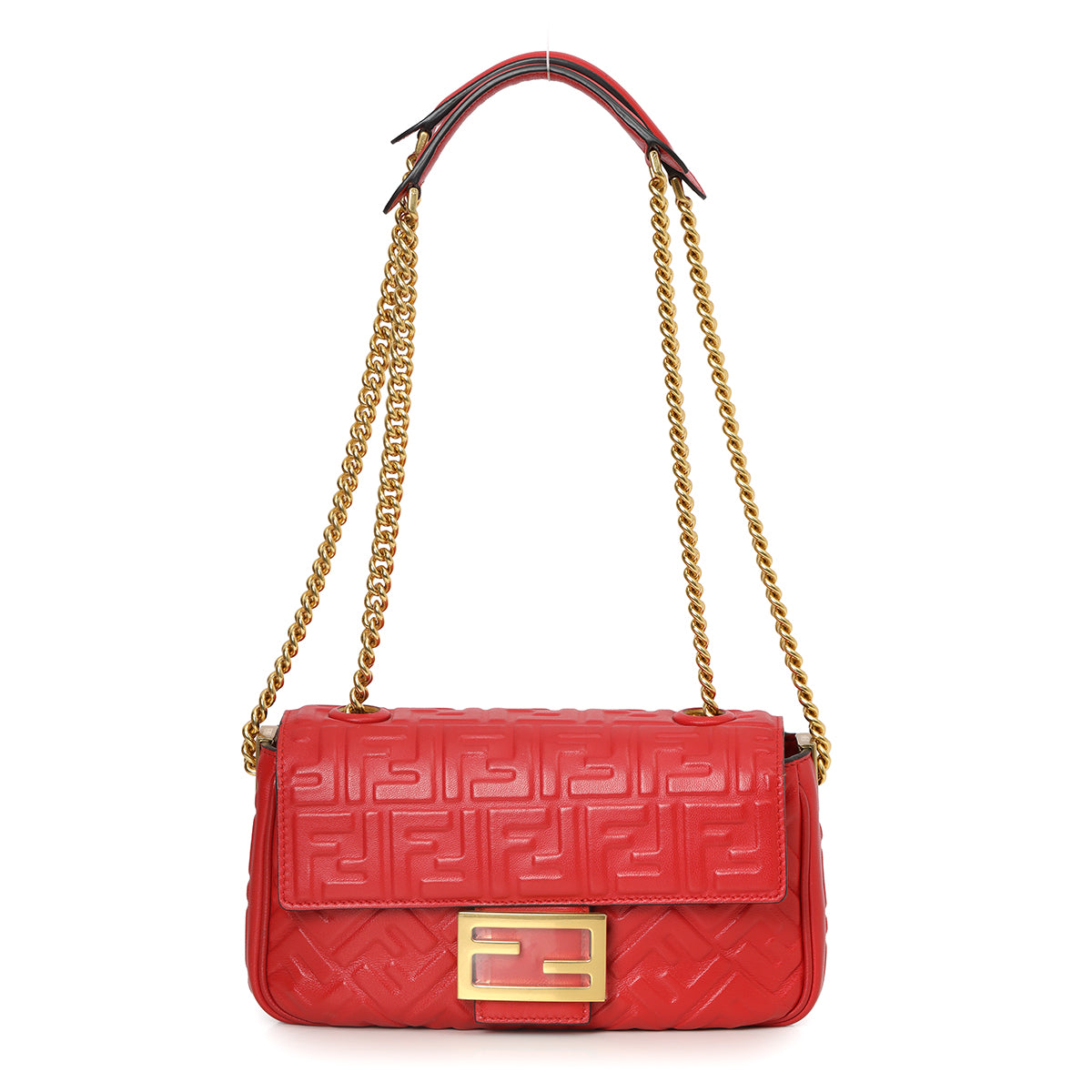 Baguette Chain Midi FF Red Embossed Nappa Leather Shoulder Bag