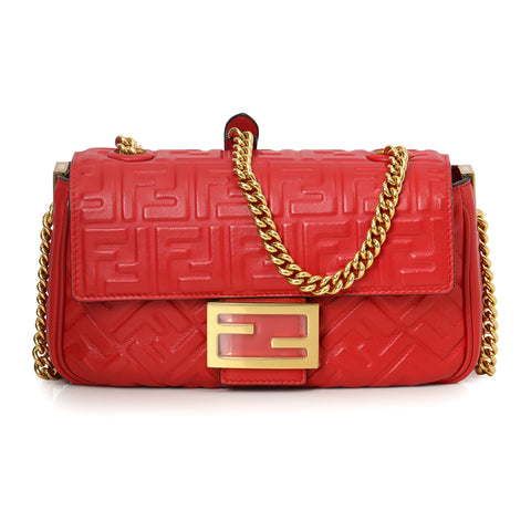 Baguette Chain Midi FF Red Embossed Nappa Leather Shoulder Bag