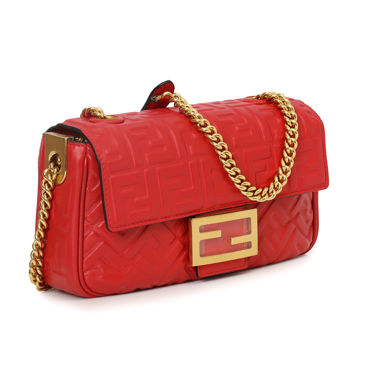Baguette Chain Midi FF Red Embossed Nappa Leather Shoulder Bag