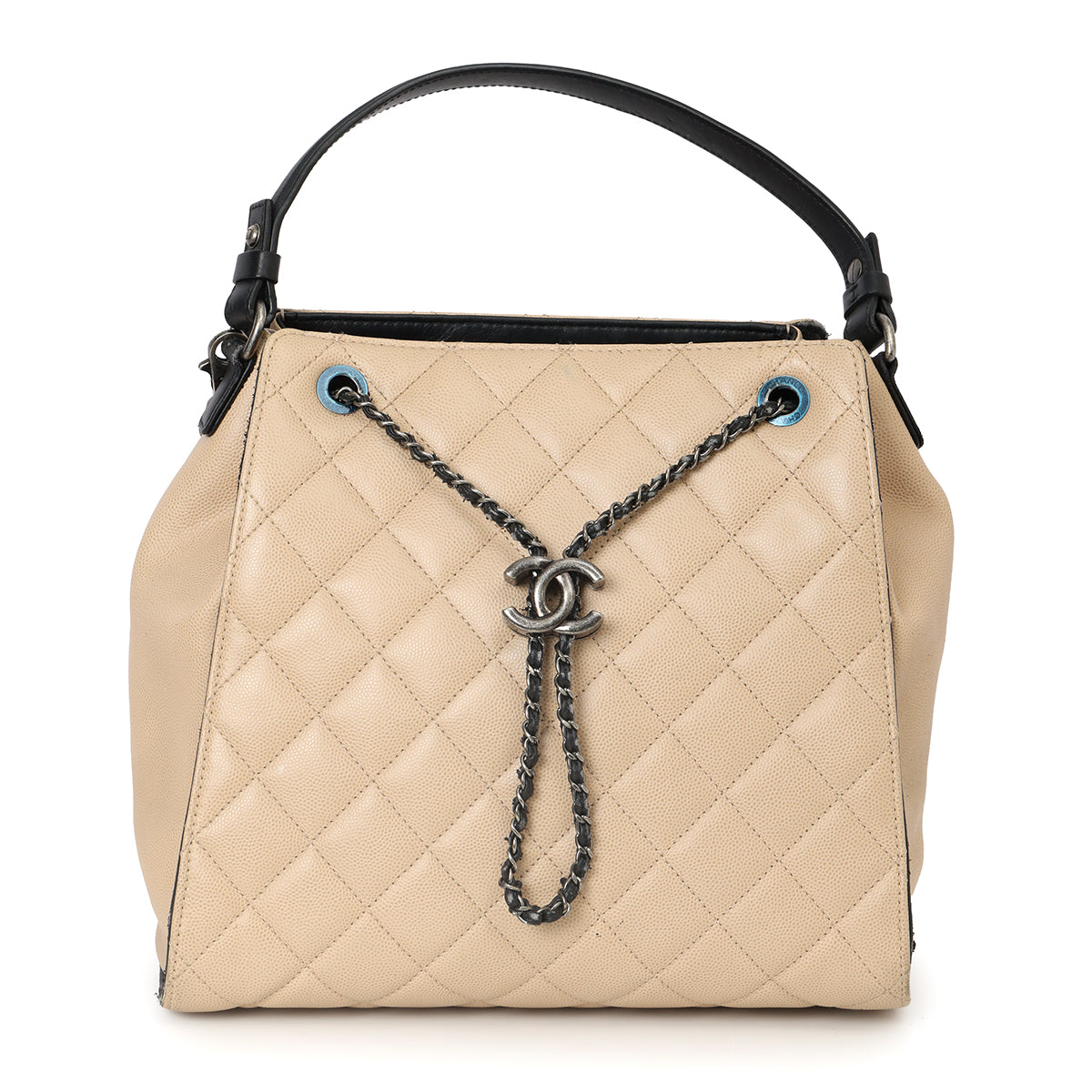 Beige & Black Large CC Accordion Bucket Bag