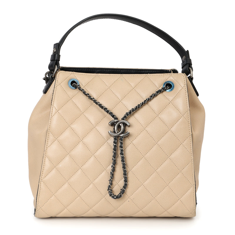 Chanel Beige & Black Large CC Accordion Bucket Bag