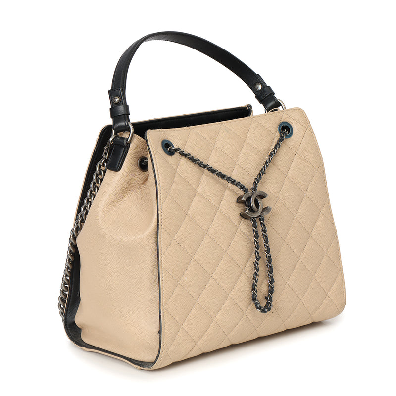 Women Chanel Beige & Black Large CC Accordion Bucket Bag