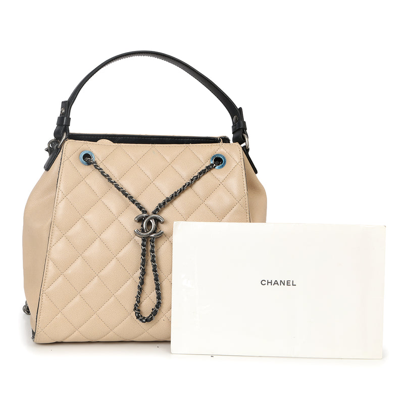 Pre-loved Chanel Beige & Black Large CC Accordion Bucket Bag