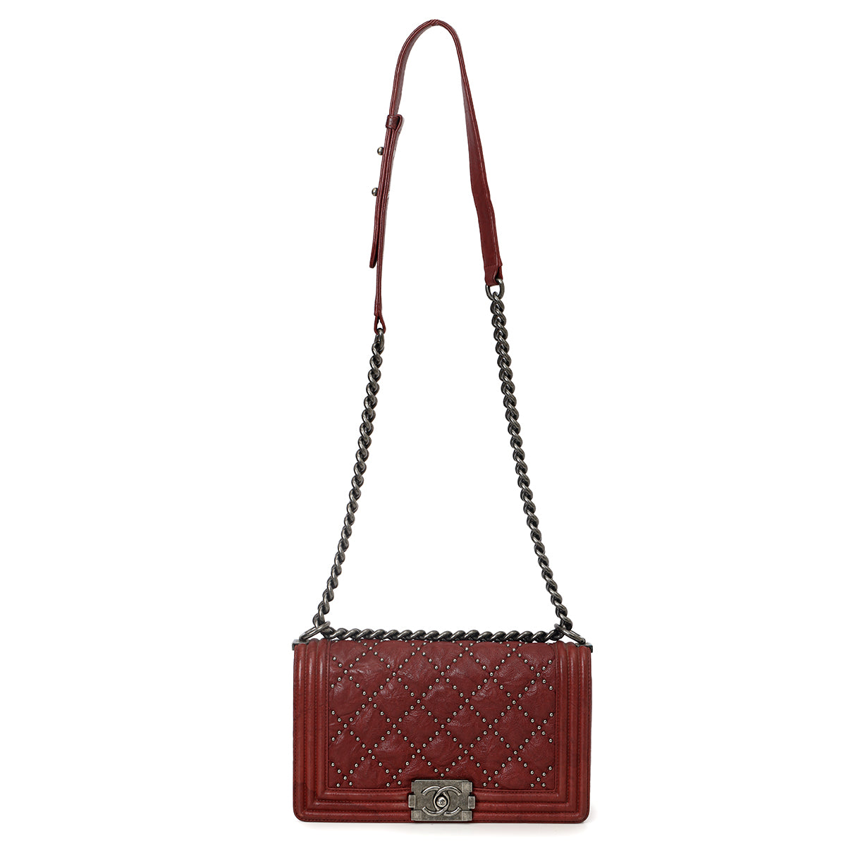 Maroon Medium Studded Distressed Leather Boy Bag