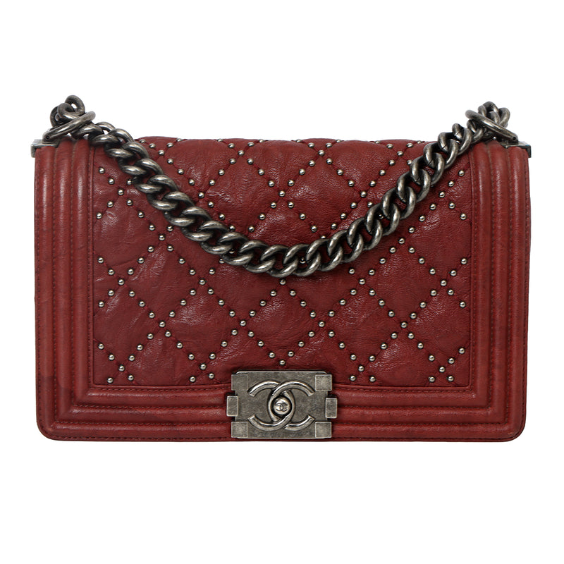 Maroon Medium Studded Distressed Leather Boy Bag