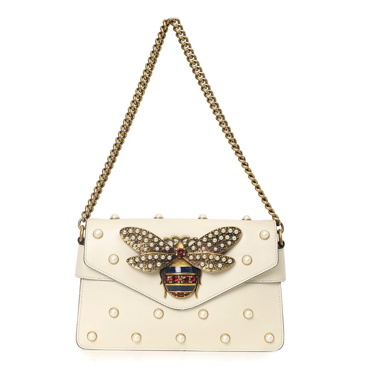 Ivory Leather Pearl Studded Mini Broadway Bee Shoulder Bag