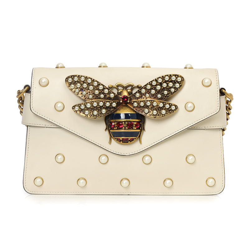 Ivory Leather Pearl Studded Mini Broadway Bee Shoulder Bag