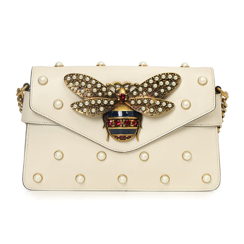 Ivory Leather Pearl Studded Mini Broadway Bee Shoulder Bag