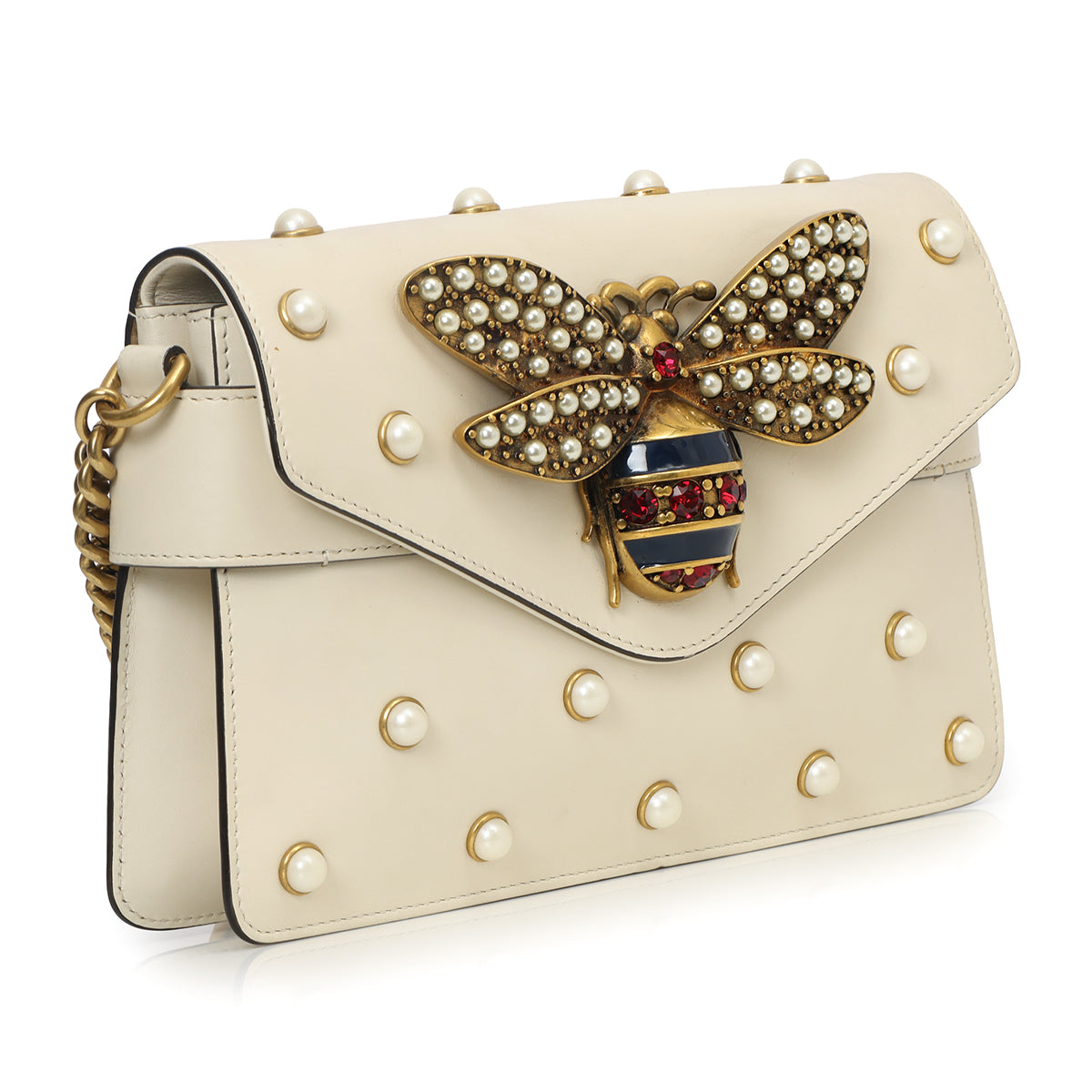 Ivory Leather Pearl Studded Mini Broadway Bee Shoulder Bag