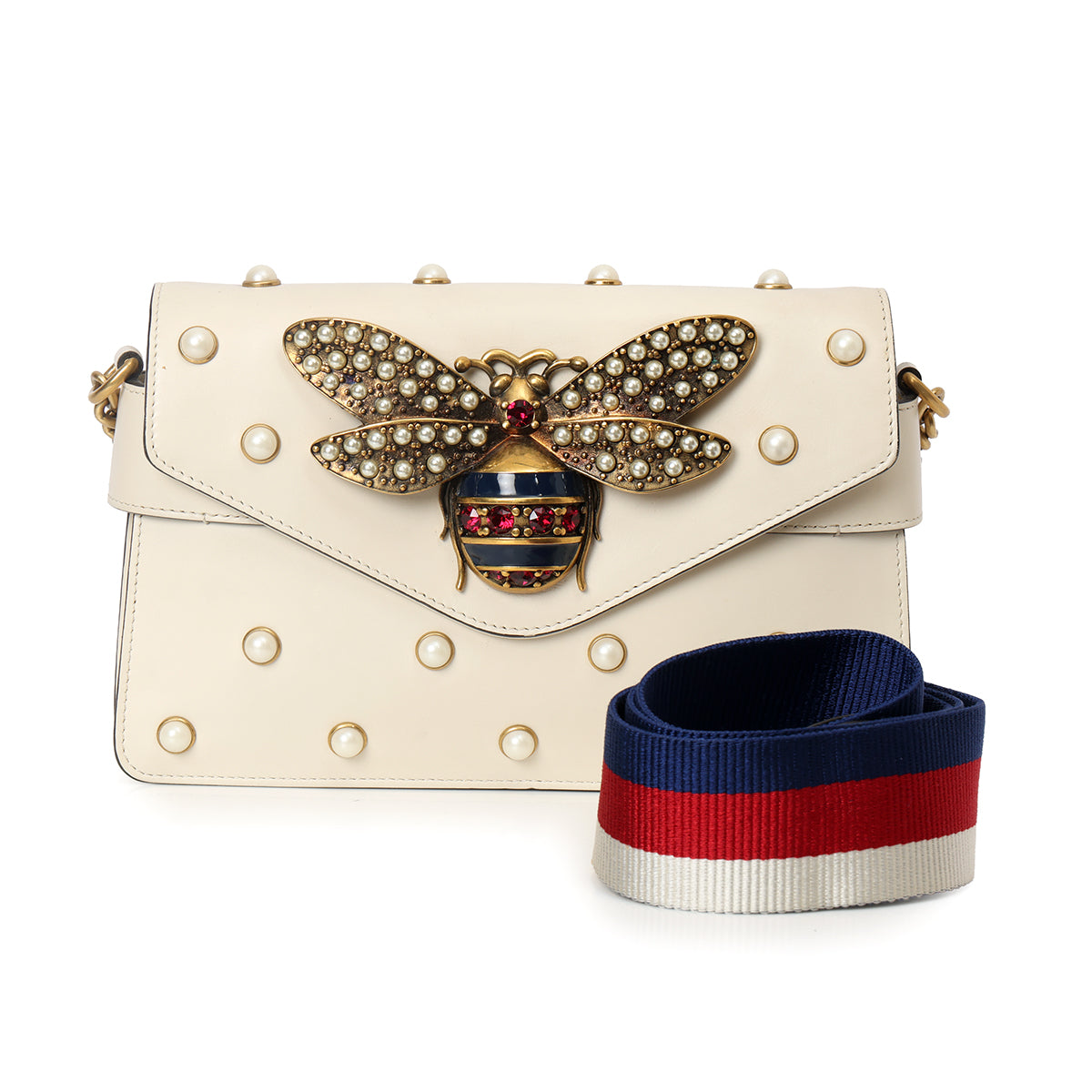 Ivory Leather Pearl Studded Mini Broadway Bee Shoulder Bag