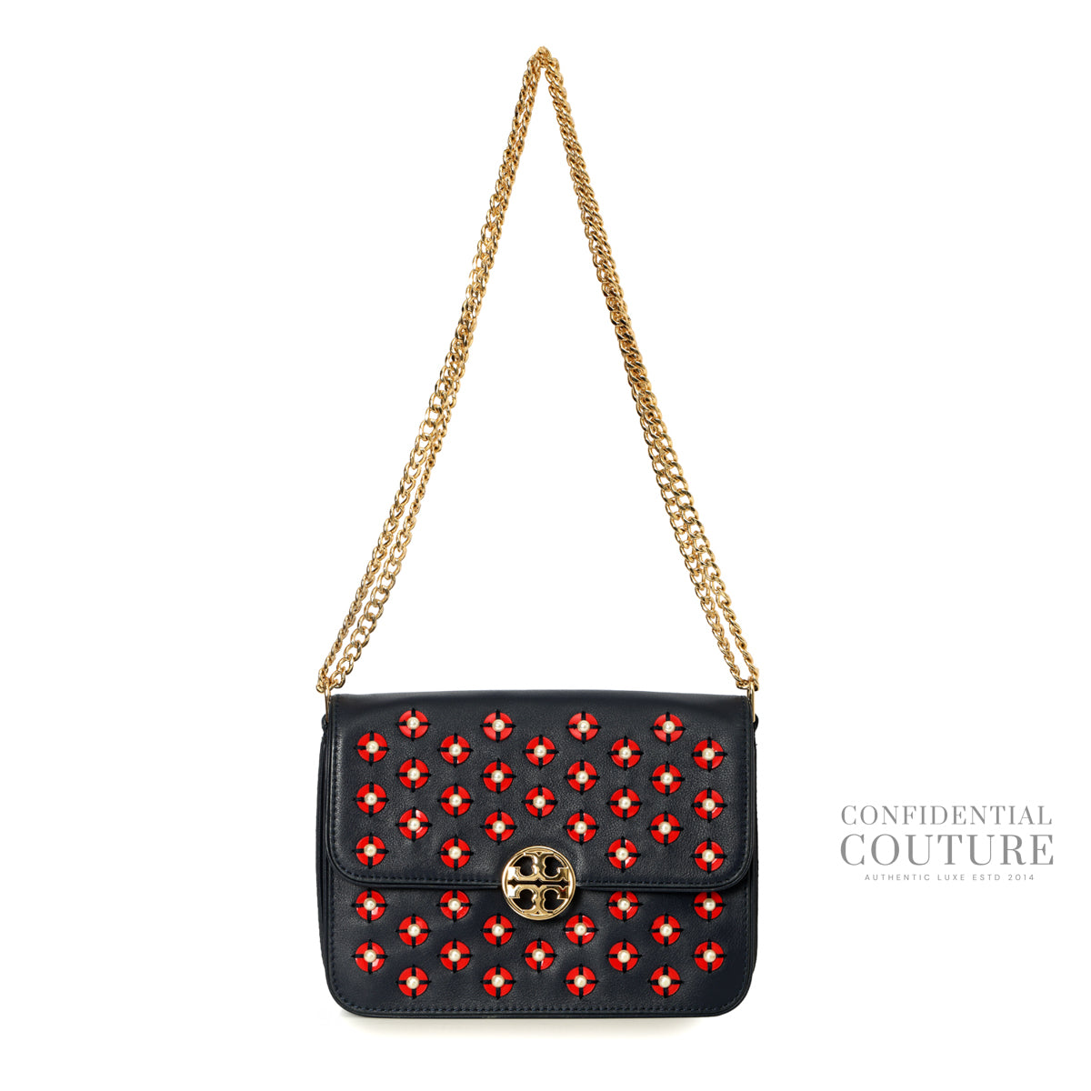 Blue Leather Duet Chain Embellished Shoulder Bag