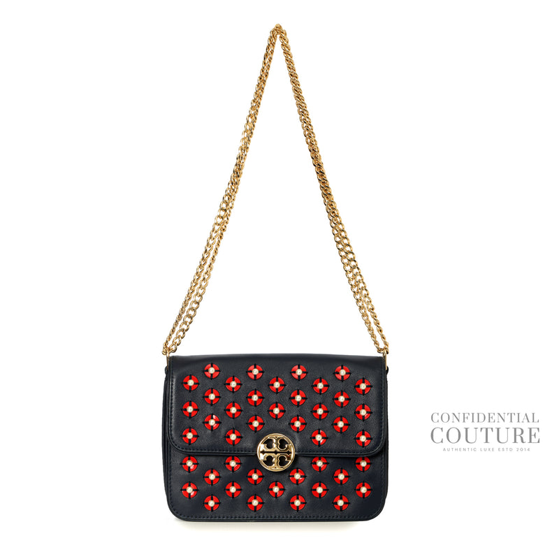 Blue Leather Duet Chain Embellished Shoulder Bag
