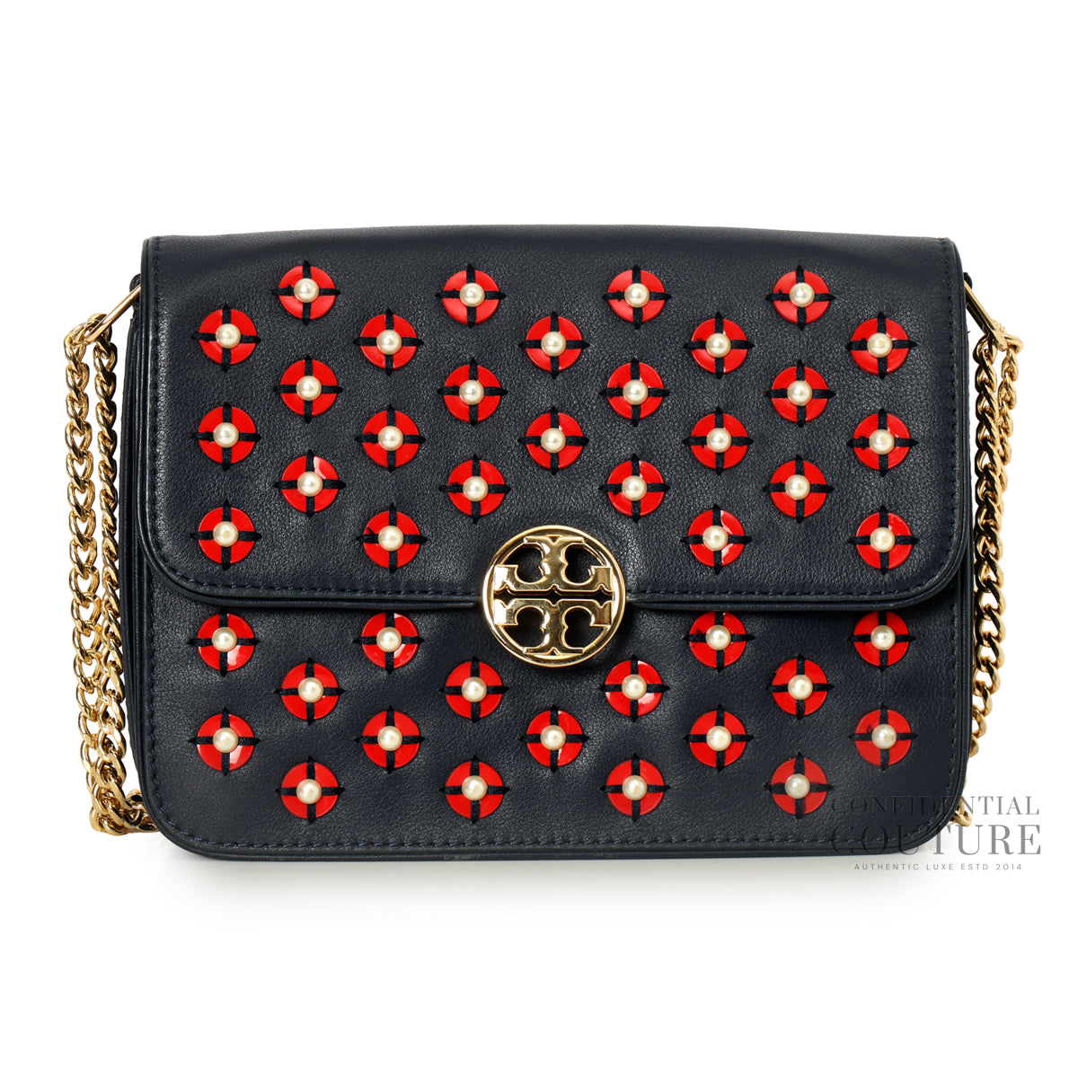 Blue Leather Duet Chain Embellished Shoulder Bag