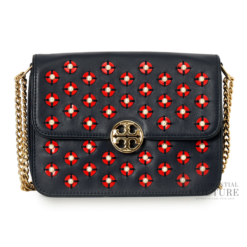 Blue Leather Duet Chain Embellished Shoulder Bag