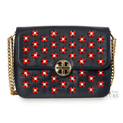 Blue Leather Duet Chain Embellished Shoulder Bag