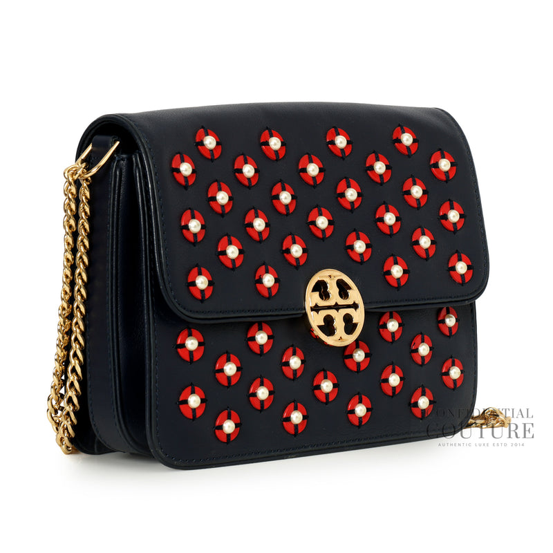Blue Leather Duet Chain Embellished Shoulder Bag